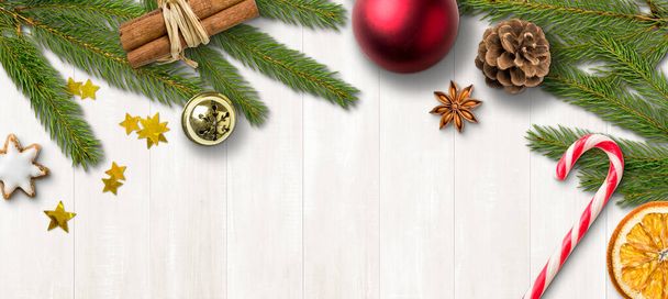 Christmas decorations on a wooden background with copy space - Photo, Image