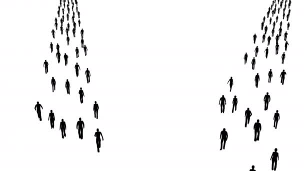 Σιλουέτες πλήθος άνθρωποι περπατούν γραμμή σε λευκό - Πλάνα, βίντεο