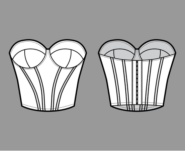 Bustier longline corsetry σουτιέν εσώρουχα τεχνική απεικόνιση μόδας με φορμαρισμένο κύπελλο, οστά, γάντζο-και-μάτι κλείσιμο. Επίπεδη - Διάνυσμα, εικόνα