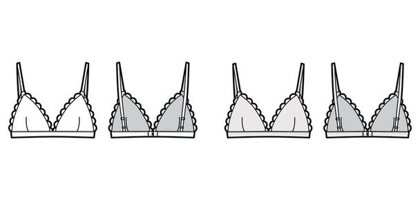 Triangle Podprsenka technické módní ilustrace s nastavitelnými popruhy, hák-a-oko uzavření, hřebenatky poháry. Flat  - Vektor, obrázek