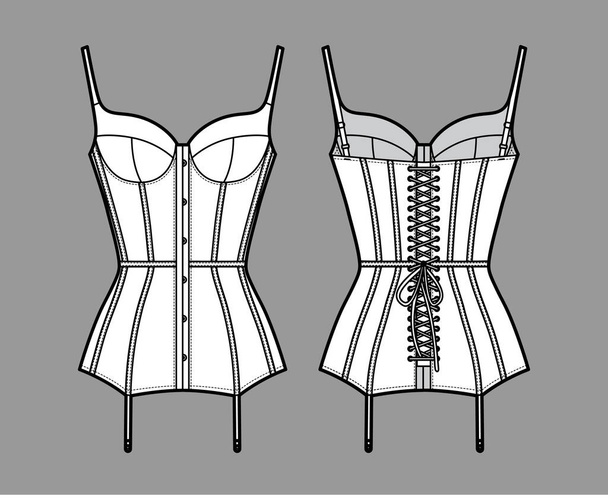 Corselette bustier Marry Widow lingerie technical fashion illustration with molded cup, back laced, attached garters.  - Vector, Image