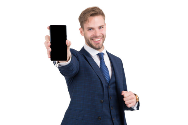 Happy lawyer in formal style hold modern phone mobile device isolated on white, smartphone - Fotoğraf, Görsel