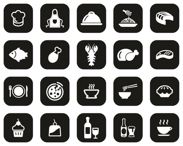 Lunch Or Restaurant Lunch Icons White On Black Flat Design Set Big - Вектор,изображение