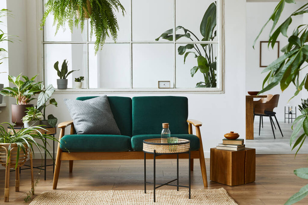 Stylish scandinavian living room interior with green velvet sofa, coffee table, carpet, plants, furniture, elegant accessories in modern home decor. Template. - Фото, изображение