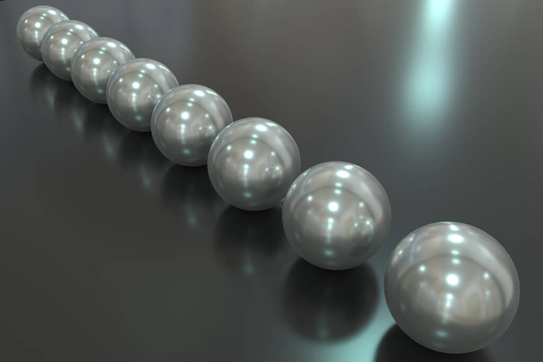 Pearl 3D rendering close-up. Pearl beads are arranged diagonally in a row on a mirrored surface. - Photo, Image