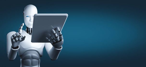 Humanoide Roboter mit Tablet-Computer im künftigen Büro - Foto, Bild