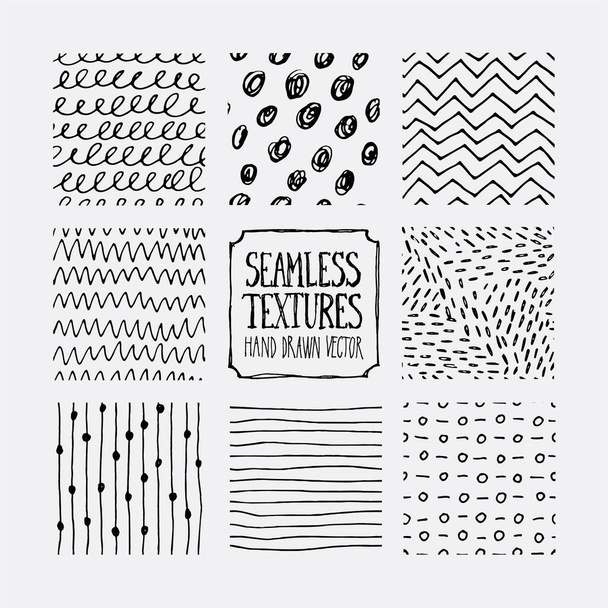 Set of hand drawn marker seamless patterns. Endless backgrounds of simple scratchy vector textures with lines, dots and doodles. - Vector, Image