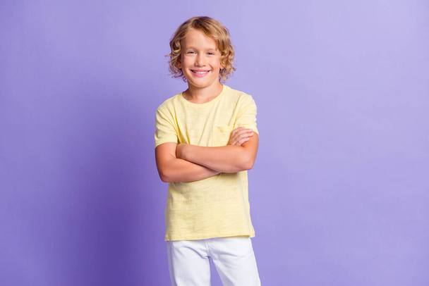 Photo of charming little boy cross hands look in camera wear casual style outfit isolated over pastel violet color background - Fotó, kép