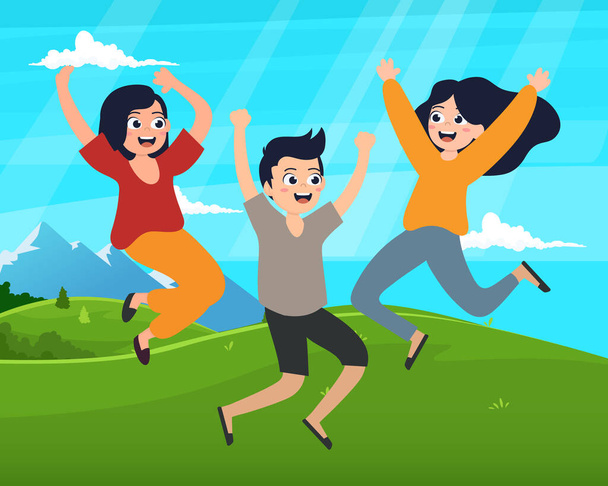 Happy kids jumping together during a sunny day. - Vector, Image