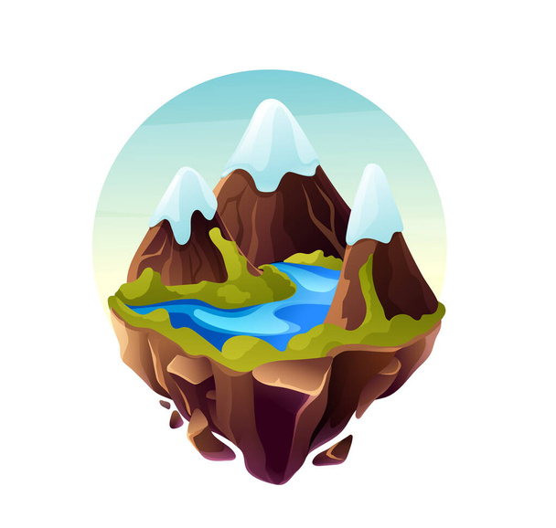 Game islands collection. Highlands of north america, snow-capped mountains with mountain river. Nature landscape of earth for game design cartoon vector - Vektori, kuva