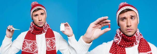 Colagem de homem doente em malhas segurando termômetro e frasco de comprimidos, olhando para pílula vermelha isolada em azul, banner - Foto, Imagem