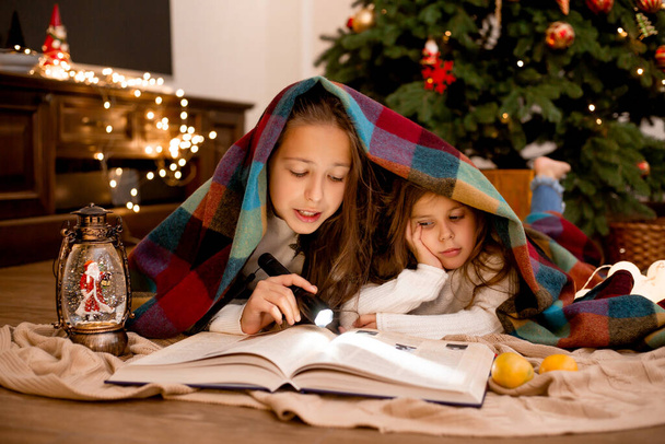 due sorelline che leggono un libro avvolto nel plaid accanto all'albero di Natale. la notte prima di Natale - Foto, immagini