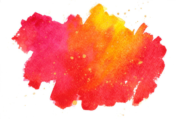 Hand drown watercolor abstract red and yellow background with golden drops - Foto, afbeelding