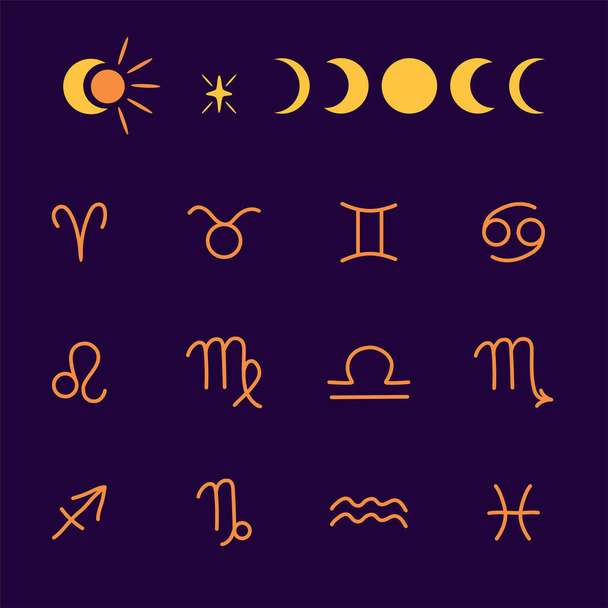 Ζόντιακ κλιπ. Σύνολο εικονιδίων zodiac σύμβολο. Φεγγάρι, ήλιος, αστέρι, ουράνιο κλιπ, χαριτωμένα παιδιά αστρολογικά σύμβολα. - Φωτογραφία, εικόνα