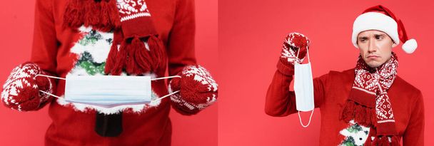 Collage of sad man in santa hat and mittens holding medical mask isolated on red, banner - Photo, Image