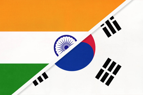 India and South Korea or ROK, symbol of national flags from textile. Relationship, partnership and championship between Asian countries. - Foto, afbeelding