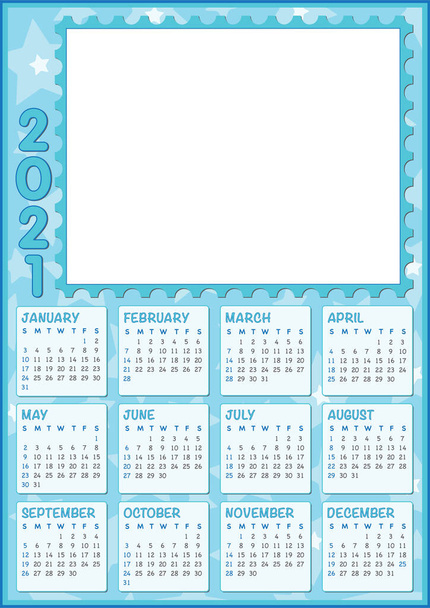 baby jongen kalender 2021 met grote lege fotolijstje - Vector, afbeelding