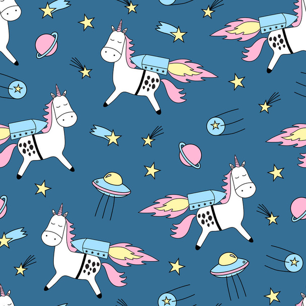 Seamless vector pattern with cute unicorns, stars and planet. - Διάνυσμα, εικόνα