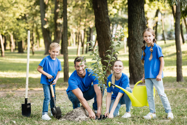 smiling family of activists planting young seedling in forest, ecology concept - Foto, Bild