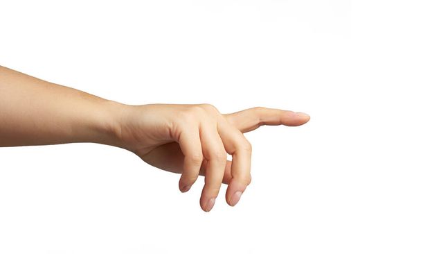 Beyaz arka planda izole edilmiş parmak kaldırılmış kadın eli, vücudun bir parçası bir şeye dokunuyor. - Fotoğraf, Görsel