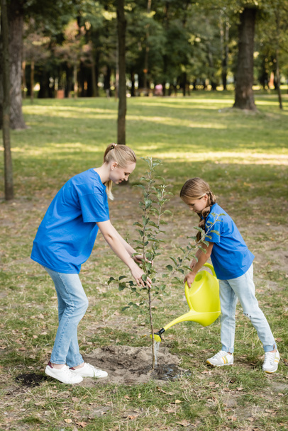 side view of mother and daughter planting young tree in park, ecology concept - Fotó, kép