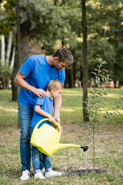 father and son watering young tree planted in park, ecology concept - Foto, Imagem