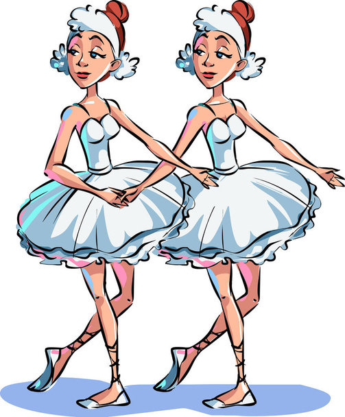 Twee schattige ballerina meisjes in witte jurk dansen vector illustratie op een witte achtergrond - Vector, afbeelding