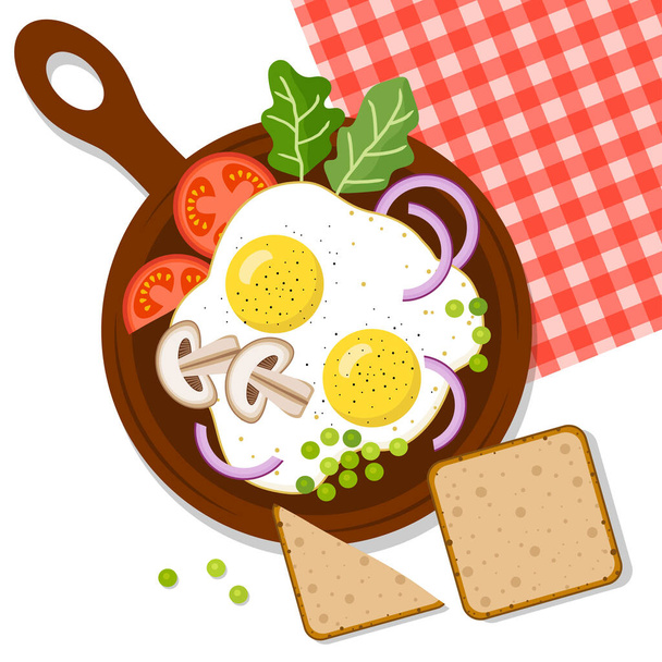 Fried eggs, fried eggs and vegetables on the board. Food, breakfast. Vector illustration - Vektör, Görsel