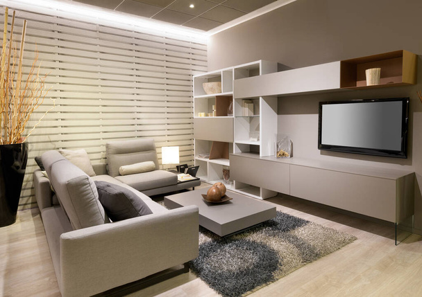 Moderno soggiorno minimalista o interno den con arredamento beige e un grande divano confortevole di fronte a un televisore e pensile con tavolino e tappeto su un pavimento in legno - Foto, immagini