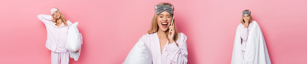 Collage de mujer en pijama y con los ojos vendados hablando en smartphone, bostezando y sosteniendo almohada sobre fondo rosa, pancarta  - Foto, Imagen