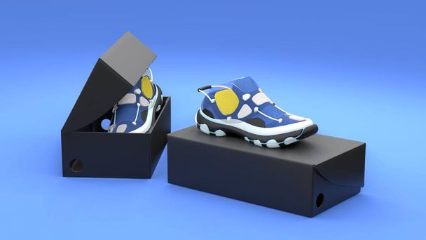 Концепція взуття з коробковим пакетом на синьому фоні. Дизайн пакунків. 3d ілюстрація
. - Фото, зображення