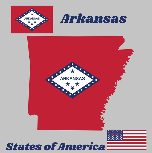 Esquema del mapa y la bandera de Arkansas, Un campo rectangular de rojo, un gran diamante blanco, bordeado por el azul y la palabra 'Arkansas' y cuatro estrellas azules, en la banda azul son 25 estrellas. Con bandera americana. - Vector, imagen