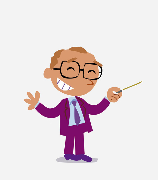 cartoon karakter van zakenman zegt iets grappigs terwijl wijzen naar de zijkant met een pointer - Vector, afbeelding