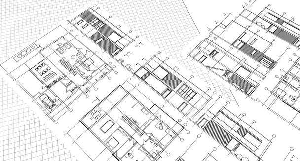 Haus architektonische Projekt Skizze 3D Illustration - Foto, Bild