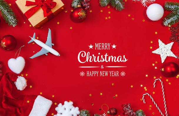 Christmas background with airplane, travel. Selective focus nature - Photo, Image