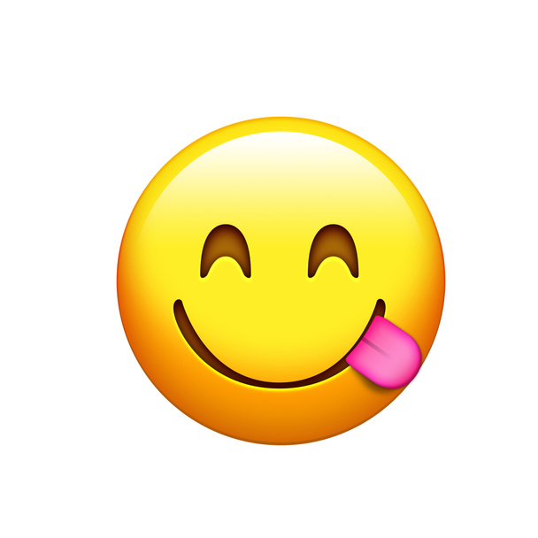 Izolovaný žlutý úsměv a ochutnávka jídla tvář s vytaženým jazykem ikona - Fotografie, Obrázek