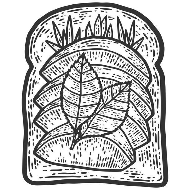 Sandwich con aguacate y hierbas. Boceto imitación tablero de rasca. - Vector, imagen