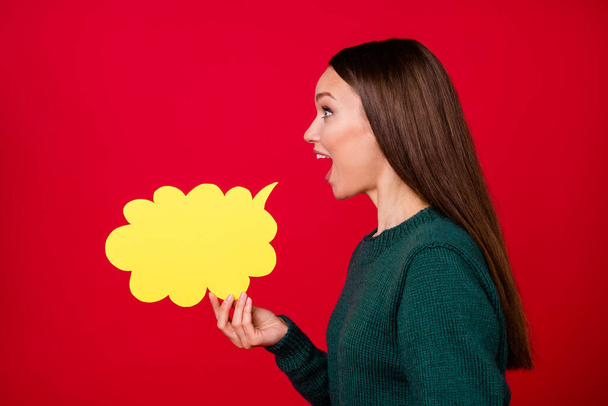 Profile side photo of crazy girl hold paper card bubble shout secret wear pullover isolated on bright red color background - 写真・画像