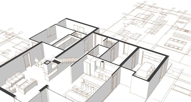 архитектурный эскиз фасада дома 3d иллюстрация - Фото, изображение
