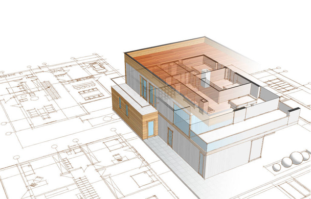 家の計画は建築のスケッチ3Dイラストに直面し - 写真・画像