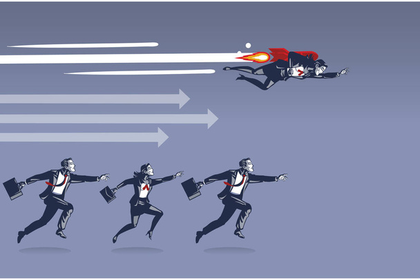 Donna d'affari volare con razzo va più veloce battere tutti gli altri in una corsa al successo Illustrazione Concetto - Foto, immagini