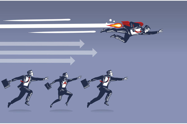 Бизнесмен, летящий с ракетой, летит быстрее, побеждая всех остальных в гонке за концепцию иллюстрации успеха - Фото, изображение