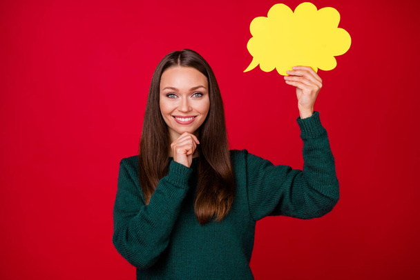 Smart thinking concept photo of girl hold paper card bubble wear jumper isolated over bright red color background - Foto, afbeelding