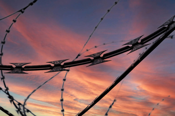 Barbed wire on dramatic sky background at sunset, selective focus - Photo, Image