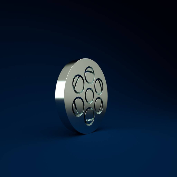Silver Film Reel icon isolated on blue background. Концепция минимализма. 3D-рендеринг. - Фото, изображение
