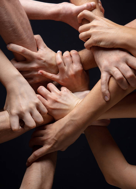 Hands of peoples crowd in touch isolated on black studio background. Concept of human relation, community, togetherness, symbolism - Фото, изображение