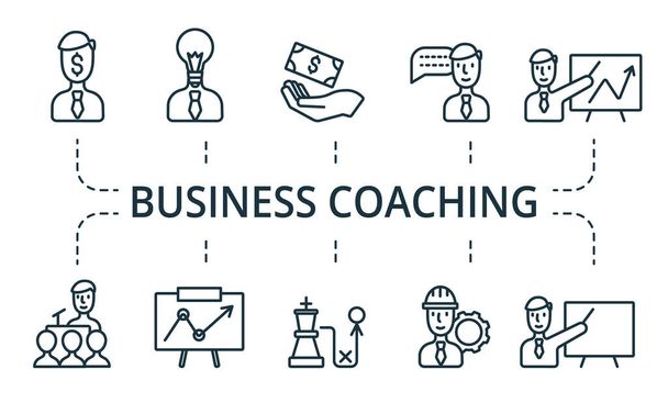 Conjunto de iconos de Business Coaching. Colección contiene paquete de píxeles iconos creativos perfectos. Conjunto de elementos de coaching empresarial. - Vector, imagen