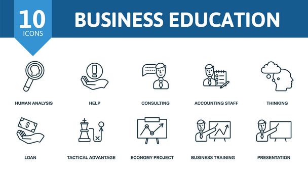 Business Education ikon készlet. A gyűjtemény tartalmazza a munkavállalói béreket, prezentációt, leckéket, számviteli személyzetet, kölcsönt, elemzést és ikonokat. Vállalatoktatási elemek készlete. - Vektor, kép