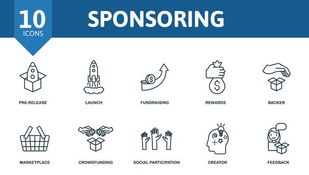 Set di icone sponsor. Collezione contengono marketplace, crowdfunding, partecipazione sociale, creatore e più icone. Set di elementi sponsor. - Vettoriali, immagini