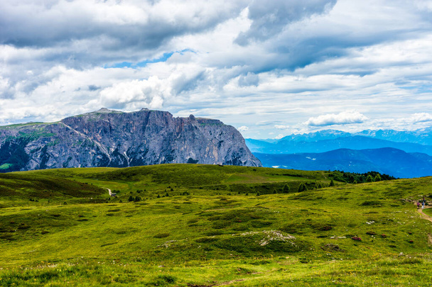 Italy, Alpe di Siusi, Seiser Alm with Sassolungo Langkofel Dolomite, велике зелене поле з горою на задньому плані. - Фото, зображення